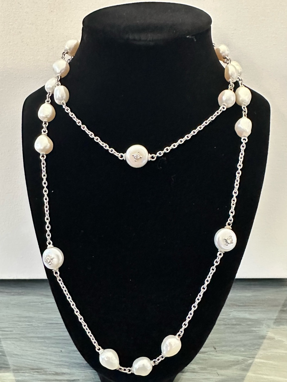 Judith Ripka 925 Sterling Silver Baroque Coin Pearl Diamonique CZ Necklace 18"
